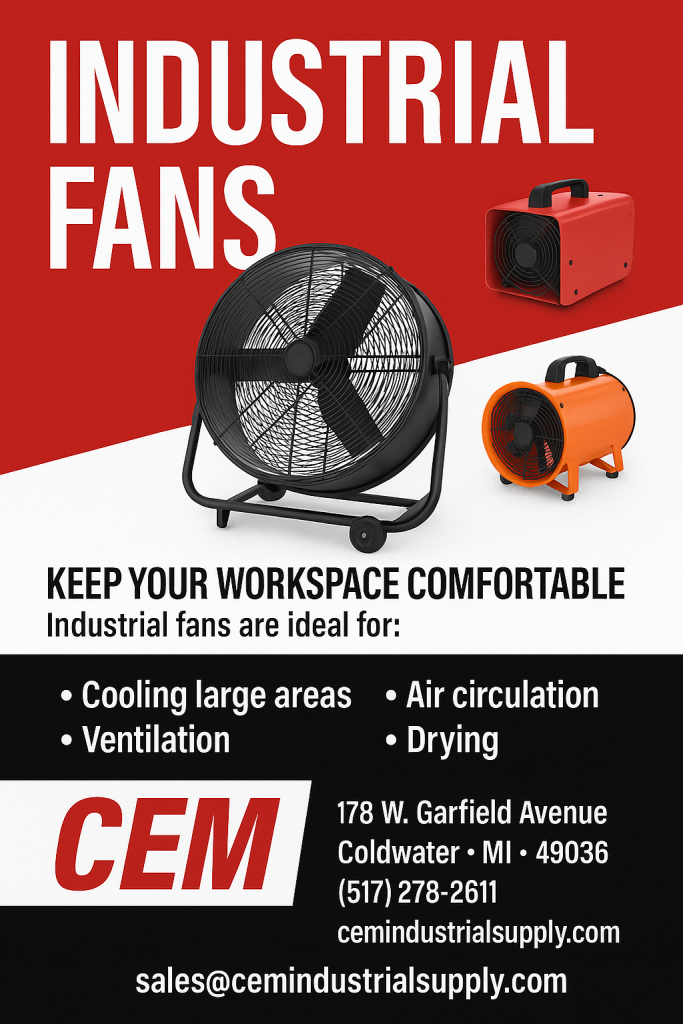 Industrial Fan Flyer from CEM Industrial Supply showcasing several types of industrial fans.