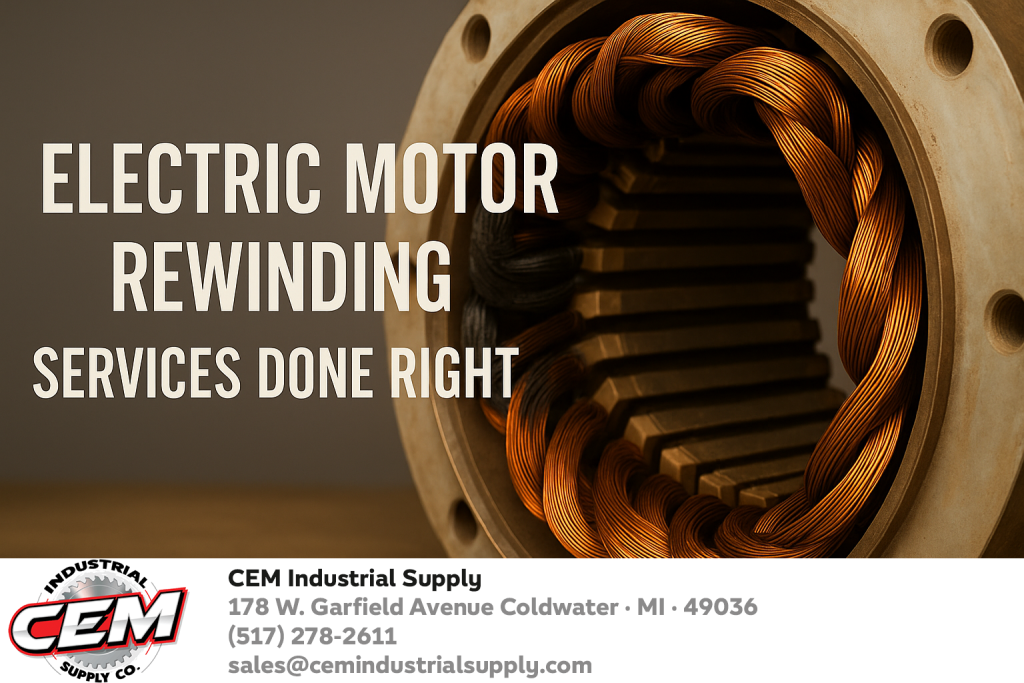 Electric Motor needing rewinding sitting on one of CEM's shop tables.