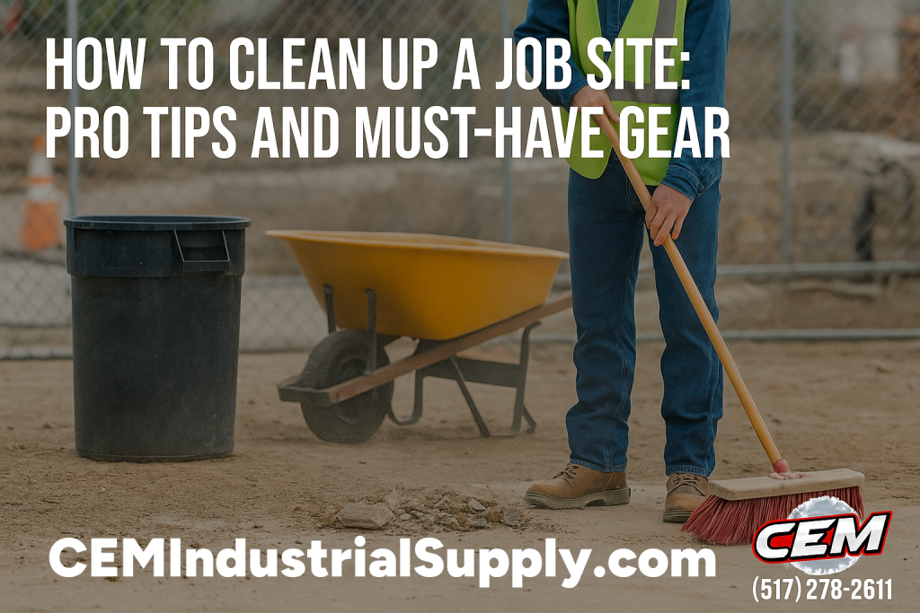 Job site cleanup with broom, wheelbarrow, and CEM Industrial Supply logo — How to Clean Up a Job Site: Pro Tips and Must-Have Gear