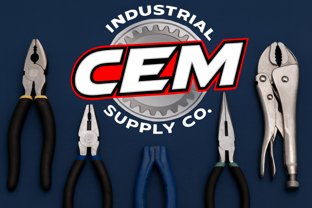 High-resolution 1536×1024 image showing various pliers laid out on a dark blue background with the CEM Industrial Supply Co. logo centered above them.