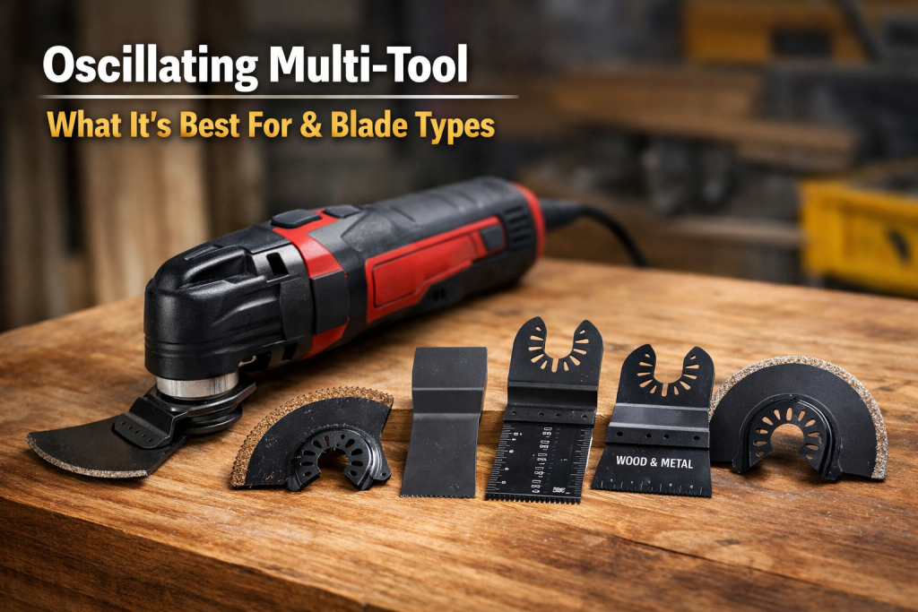 Oscillating multi-tool with wood, metal, grout, and scraper blades on a workbench