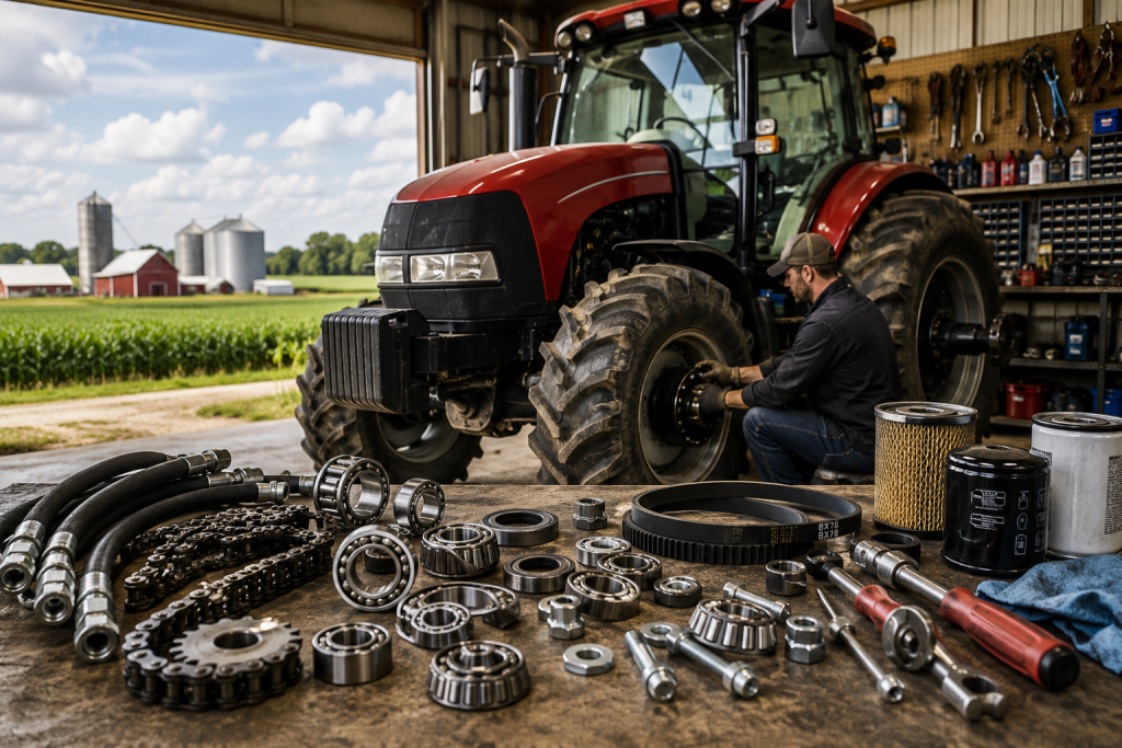A modern red tractor being serviced in a clean farm workshop
