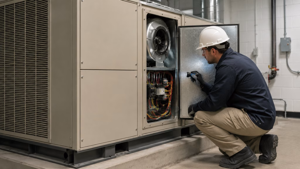 HVAC technician inspecting the electrical and ventilation fan components inside a commercial heating and cooling unit.